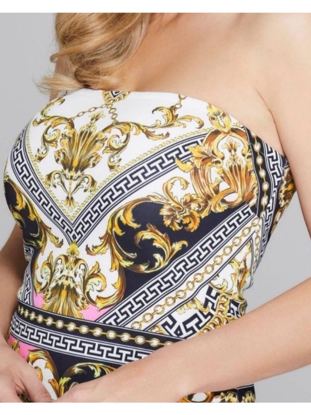 Marciano Strapless Dress in White and Gold Baroque Print